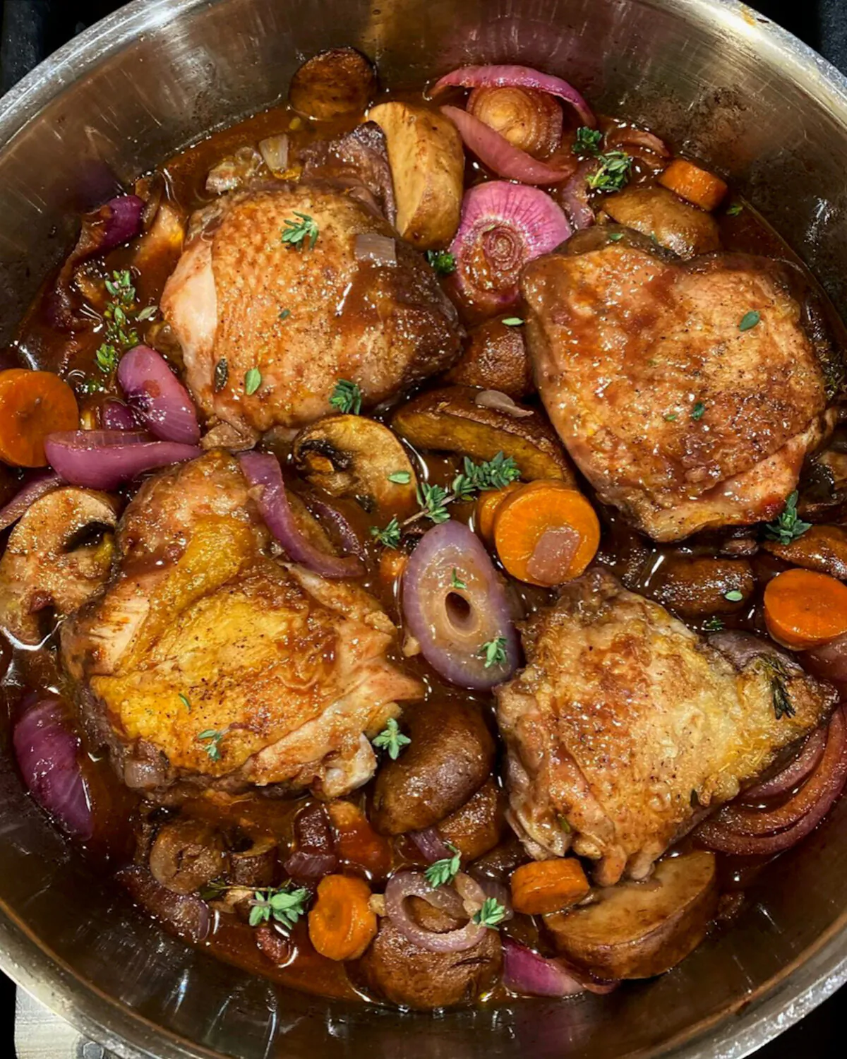 This coq au vin-inspired chicken may not be authentic, but it's perfect for a busy weeknight when a cozy family dinner needs to be on the table in an hour. (Lynda Balslev for Tastefood)