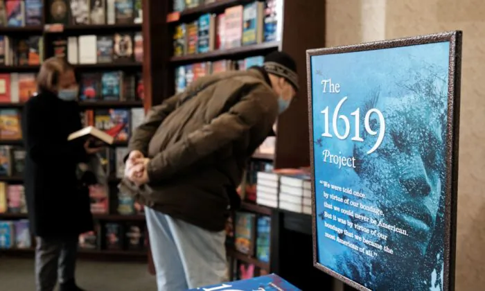 The book "The 1619 Project: A New Origin Story" is displayed at a bookstore in New York on Nov. 17, 2021. (Spencer Platt/Getty Images)
