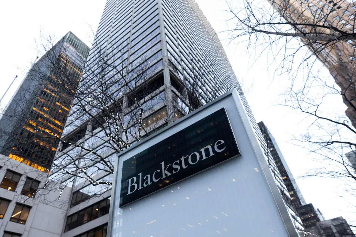 Signage is seen outside the Blackstone Group headquarters in New York on Jan. 18, 2023. (Jeenah Moon/Reuters)