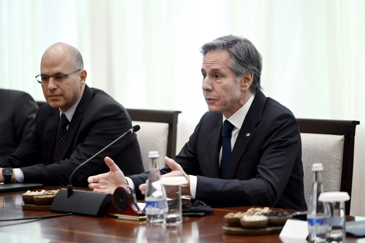 U.S. Secretary of State Antony Blinken speaks during a meeting with Uzbekistan Acting Foreign Minister Bakhtiyor Saidov at the National Library in Tashkent, Uzbekistan, on March 1, 2023. (Olivier Douliery/Pool Photo via AP)