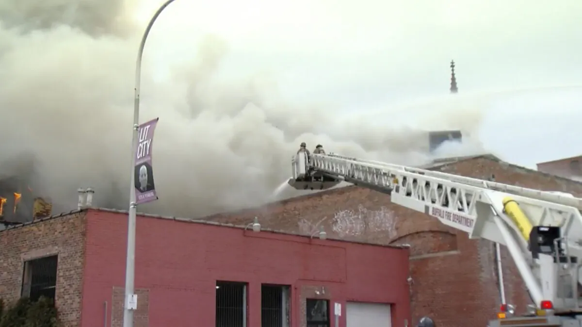 Firefighters battle a blaze in Buffalo, N.Y., on March 1, 2023. (WKBW via AP)