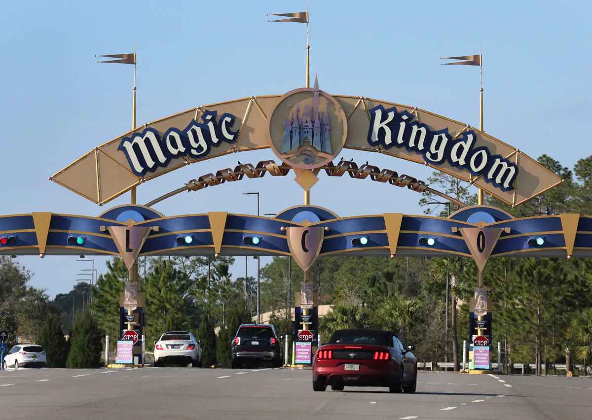 An entranceway to Walt Disney World in Orlando, Fla., on Feb. 8, 2023. Florida Gov. Ron DeSantis and the special district governing the property are continuing their efforts to bring Disney under state control. (Joe Raedle/Getty Images)