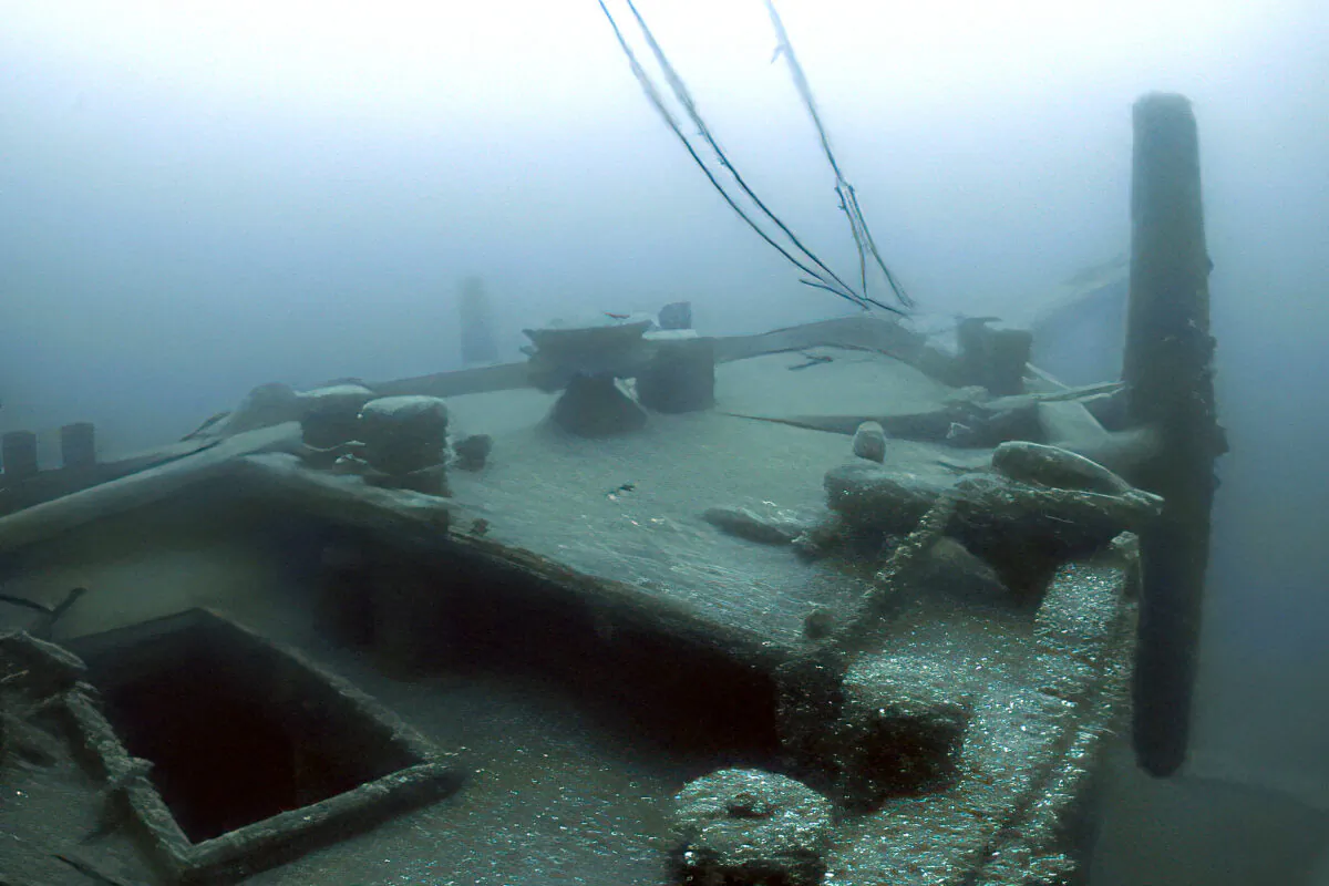 The bow of the Ironton is seen in Lake Huron off Michigan's east coast in June 2021. (Thunder Bay National Marine Sanctuary via AP)