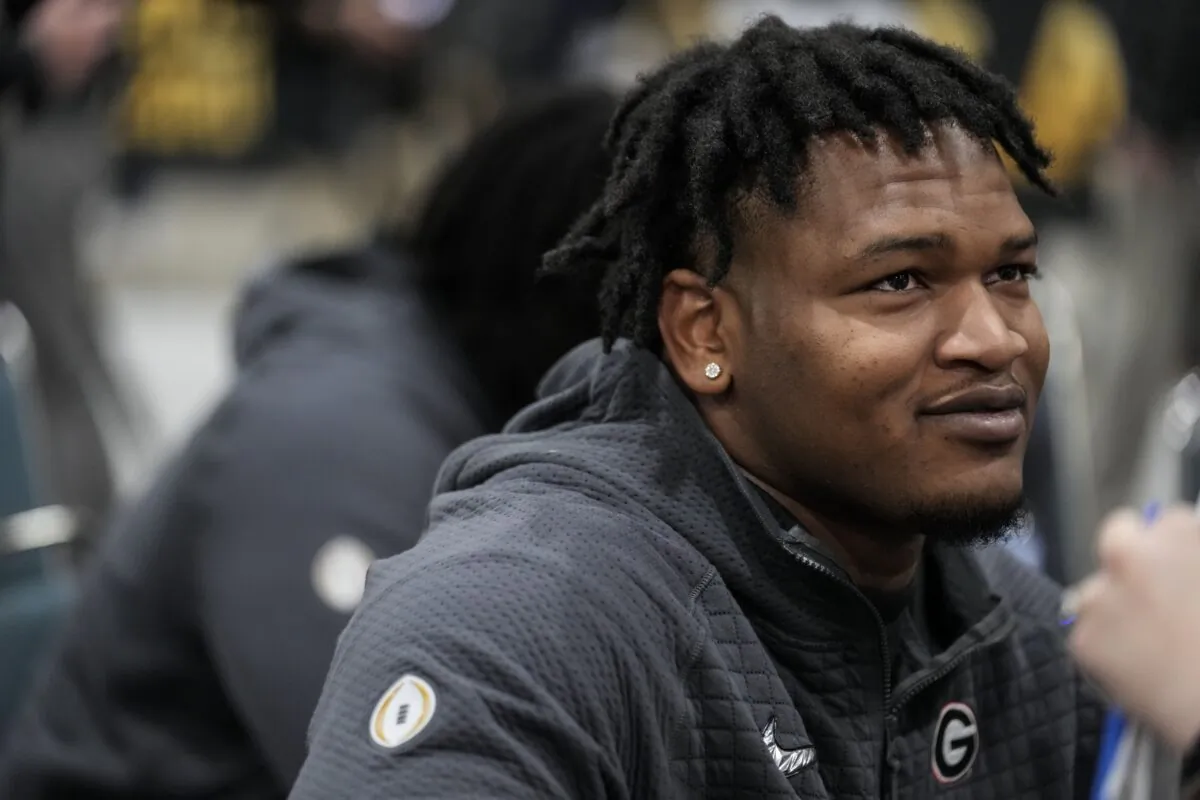 Georgia defensive lineman Jalen Carter speaks during media day ahead of the national championship NCAA College Football Playoff game between Georgia and TCU in Los Angeles on Jan. 7, 2023. (Marcio Jose Sanchez/AP Photo)