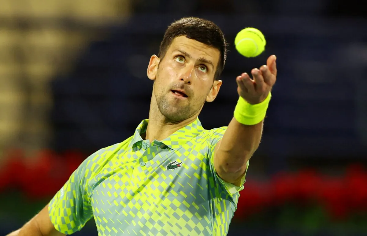 Serbia's Novak Djokovic in action during his round of 32 match against Czech Republic's Tomas Machac during the Dubai Tennis Championships in the Dubai duty free tennis center, Dubai, United Arab Emirates, on Feb. 28, 2023. (Rula Rouhana/Reuters)