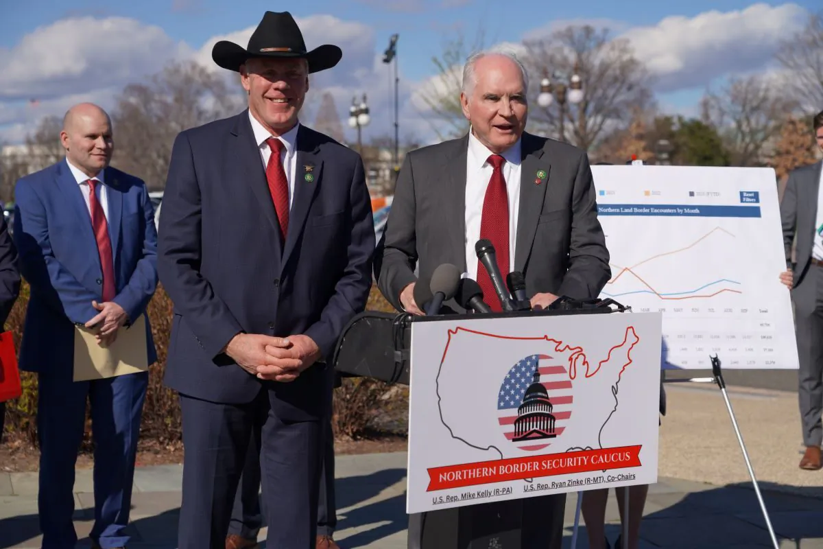 Republican Reps. Ryan Zinke of Mont. (C) and Mike Kelly of Pa. (R), co-chairs of the Northern Border Security Caucus, speak during their introductory news conference at the U.S. Capitol in Washington on Feb. 28, 2023. (Courtesy of Rep. Mike Kelly's office)