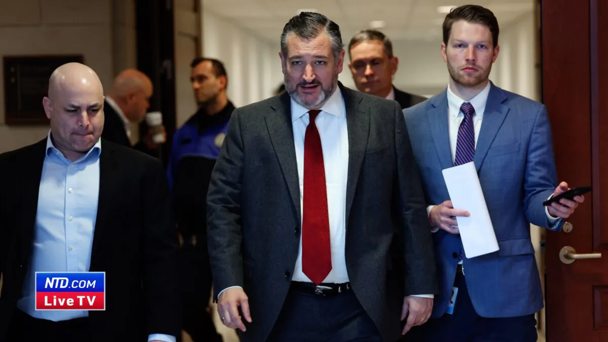 Sen. Ted Cruz (R-Texas) arrives for a Senate briefing on China at the U.S Capitol in Washington on Feb. 15, 2023. (Kevin Dietsch/Getty Images)