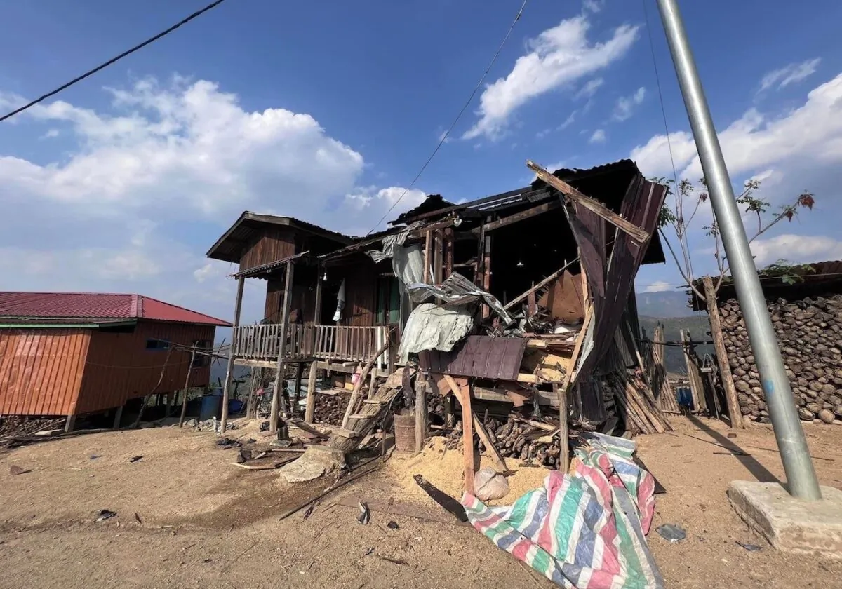 One of the houses that were destroyed in an airstrike by the military junta in the Khuafo village, located north of the Chin State town of Thantlang, Burma, on March. 30, 2023. (Free Burma Rangers)