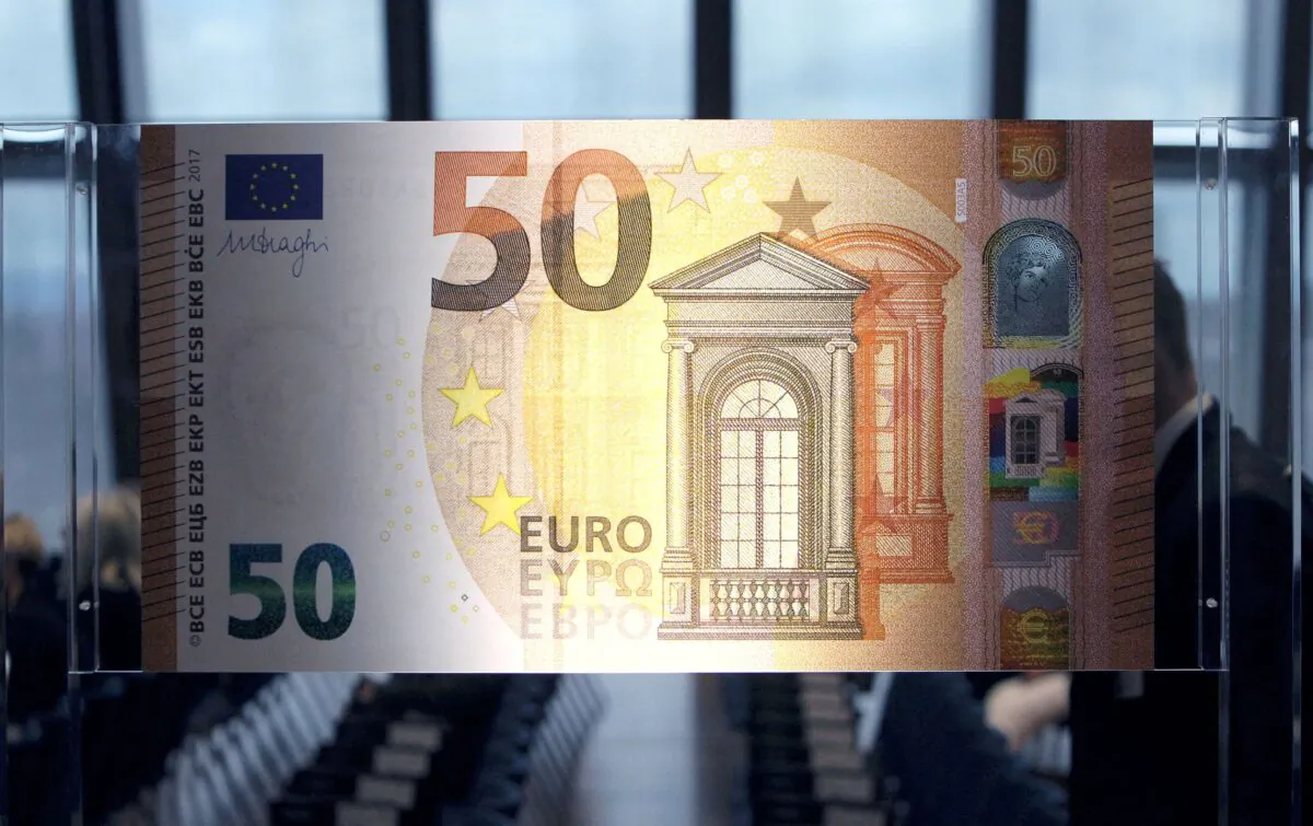 The European Central Bank (ECB) presents the new 50 euro note at the bank's headquarters in Frankfurt, Germany, on July 5, 2016. (Ralph Orlowski/Reuters)
