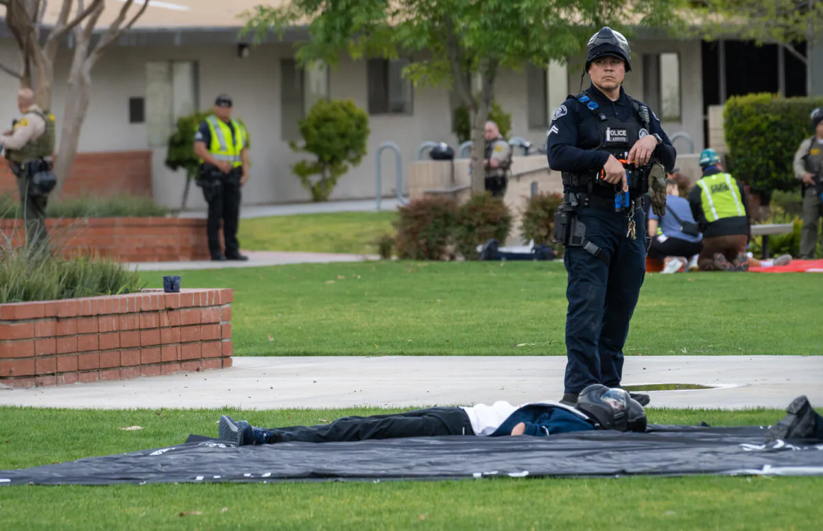 Multiple law enforcement and first responder agencies participate in an active shooter exercise on the campus of Biola University in La Mirada, Calif., on Feb. 28, 2023. (John Fredricks/The Epoch Times)