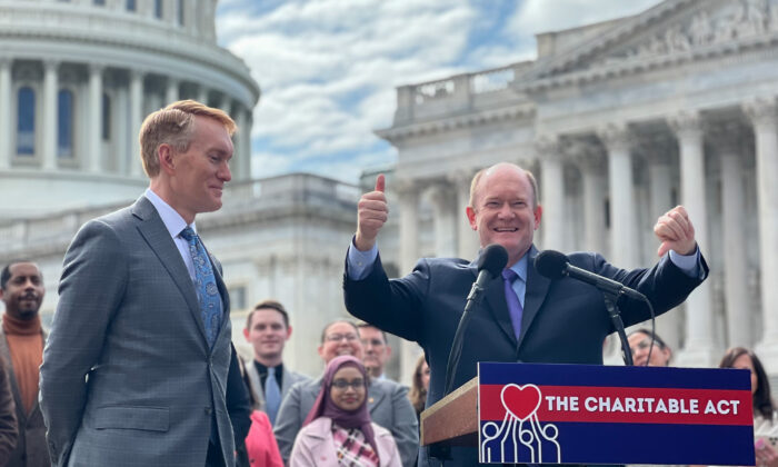 Sen. James Lankford (R-Okla.) (L) and Sen. Chris Coons (D-Del.) (R) announced that, although often voting differently on other bills, they found common ground and proposed the bipartisan Charitable Act enhancing tax deductions on Capitol Hill in Washington on March 1, 2023. (Madalina Vasiliu/The Epoch Times)