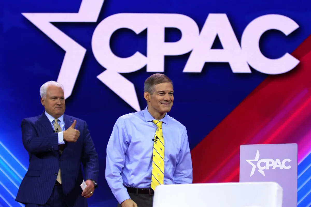 Chairman of the Conservative Political Action Conference (CPAC) Matt Schlapp (L) and Rep. Jim Jordan (R-Ohio) (R) arrive at a session of the annual conference at Gaylord National Resort & Convention Center in National Harbor, Md., on March 2, 2023. (Alex Wong/Getty Images)