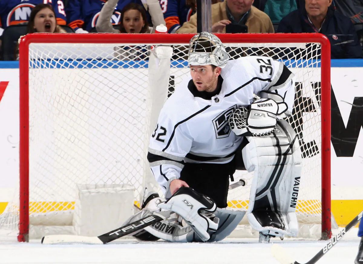 Jonathan Quick (32) of the Los Angeles Kings skates against the New York Islanders at the UBS Arena in Elmont, New York, on Feb. 24, 2023. (Bruce Bennett/Getty Images)
