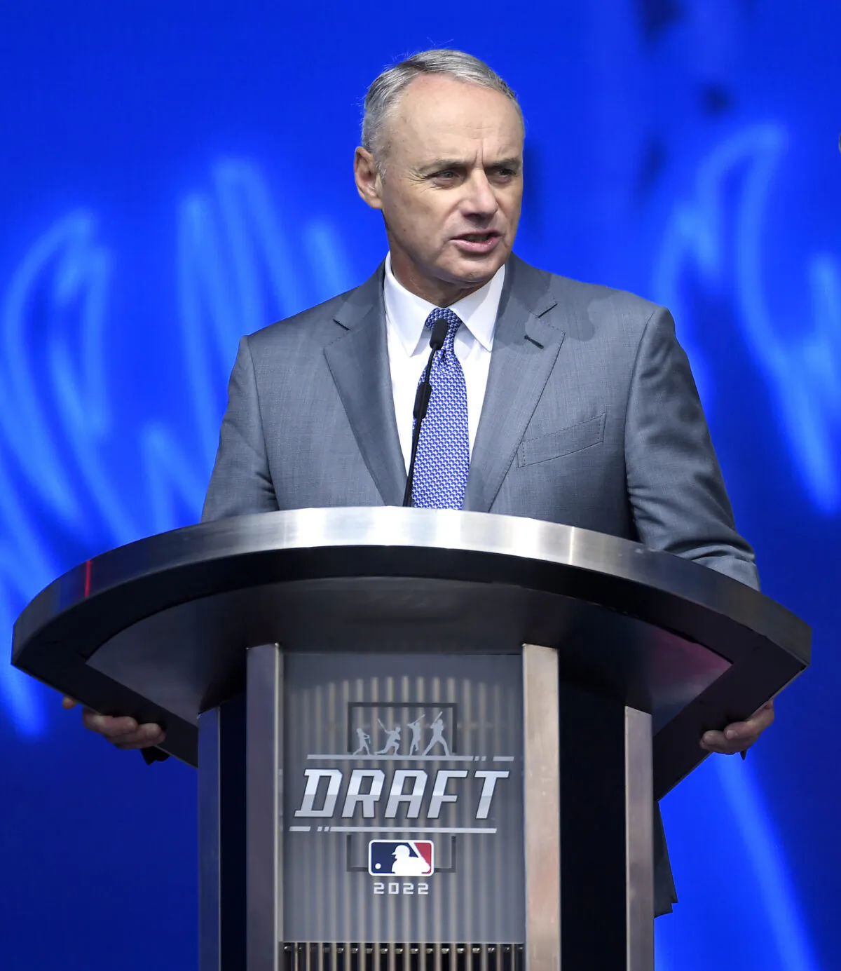 Major League Baseball Commissioner Rob Manfred speaks during the amateur draft in Los Angeles on July 17, 2022. (Kevork Djansezian/Getty Images)