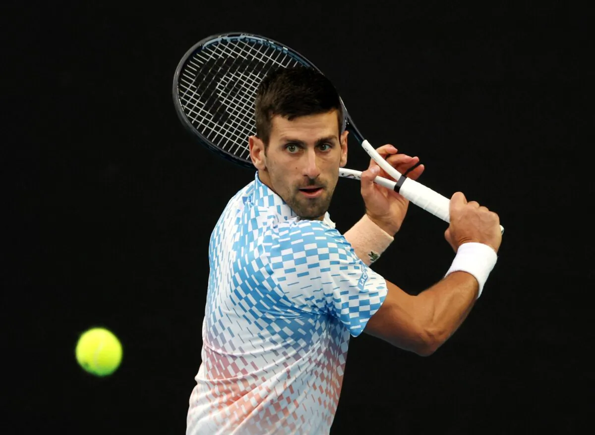 Serbia's Novak Djokovic in action during his final match against Greece's Stefanos Tsitsipas, Men's Singles Final, Australian Open in Melbourne Park, Melbourne, Australia, on Jan. 29, 2023. (Loren Elliott/Reuters)
