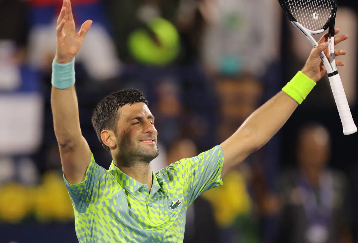 Serbia's Novak Djokovic celebrates after winning his quarterfinal match against Poland's Hubert Hurkacz at The Dubai Duty Free Tennis Championships in Dubai, United Arab Emirates, on March 2, 2023. (Amr Alfiky/Reuters)