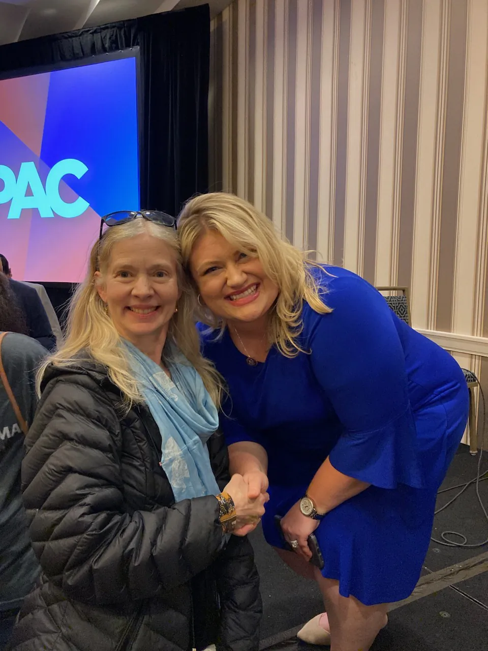 Virginia resident Susan Cox (L), who is involved with school board parental rights campaigns, found Kat Cammack (R-Fla.) an inspiring speaker at CPAC 2023 in Washington  on March 1, 2023. (Photo Courtesy of Susan Cox)
