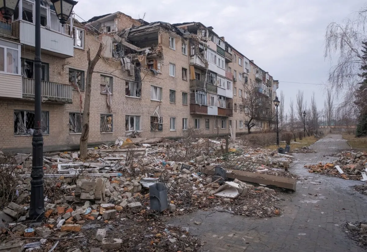 A general view shows a building damaged by a Russian military strike in the frontline city of Bakhmut, in Donetsk region, Ukraine, on Feb. 27, 2023. (Alex Babenko/Reuters)
