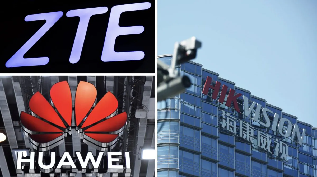 (Top Left) A ZTE sign. (David Ramos/Getty Images); (Bottom Left) A Huawei sign. (Pau Barrena/AFP via Getty Images); (Right) A Hikvision sign. (STR/AFP via Getty Images) 