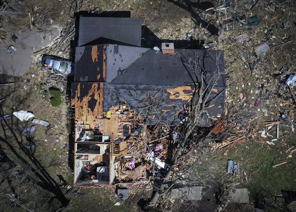 A house is destroyed from a tornado in  Covington, Tenn., on April 1, 2023. (Patrick Lantrip/Daily Memphian via AP)