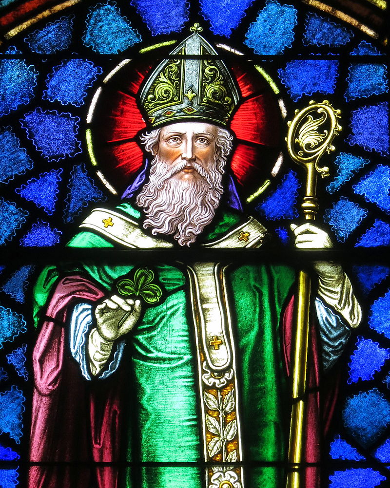 A stained glass image of St. Patrick at a Catholic church in Junction City, Ohio. (nehob/CC BY-SA 4.0)