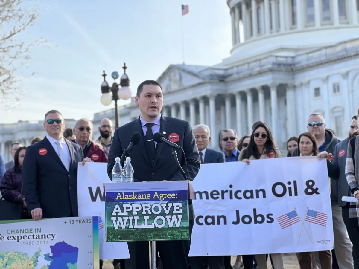 Alaska state Rep. Josiah Patkotak (I-Barrow), who represents the North Slope communities that support the Willow Project, speaking in Washington. (Madalina Vasiliu/The Epoch Times)