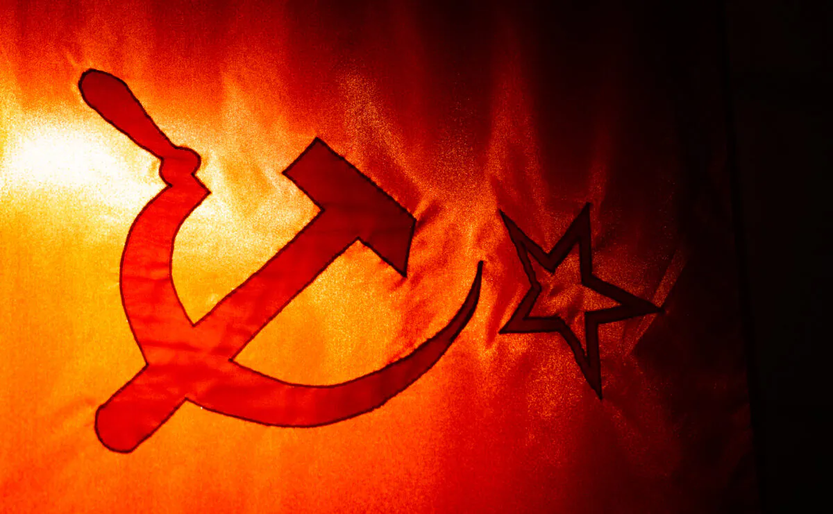 The former flag of the USSR sits on display in Yorba Linda, Calif., on Feb. 22, 2023. (John Fredricks/The Epoch Times)