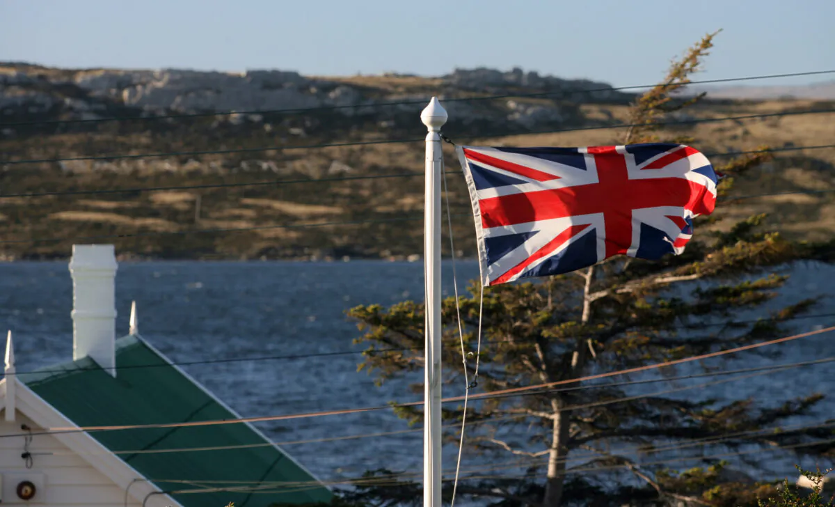 A file picture shows a Union Jack Flag flying over Stanley, in the Falkland Islands on March 19, 2007. (Daniel Garcia/AFP via Getty Images)