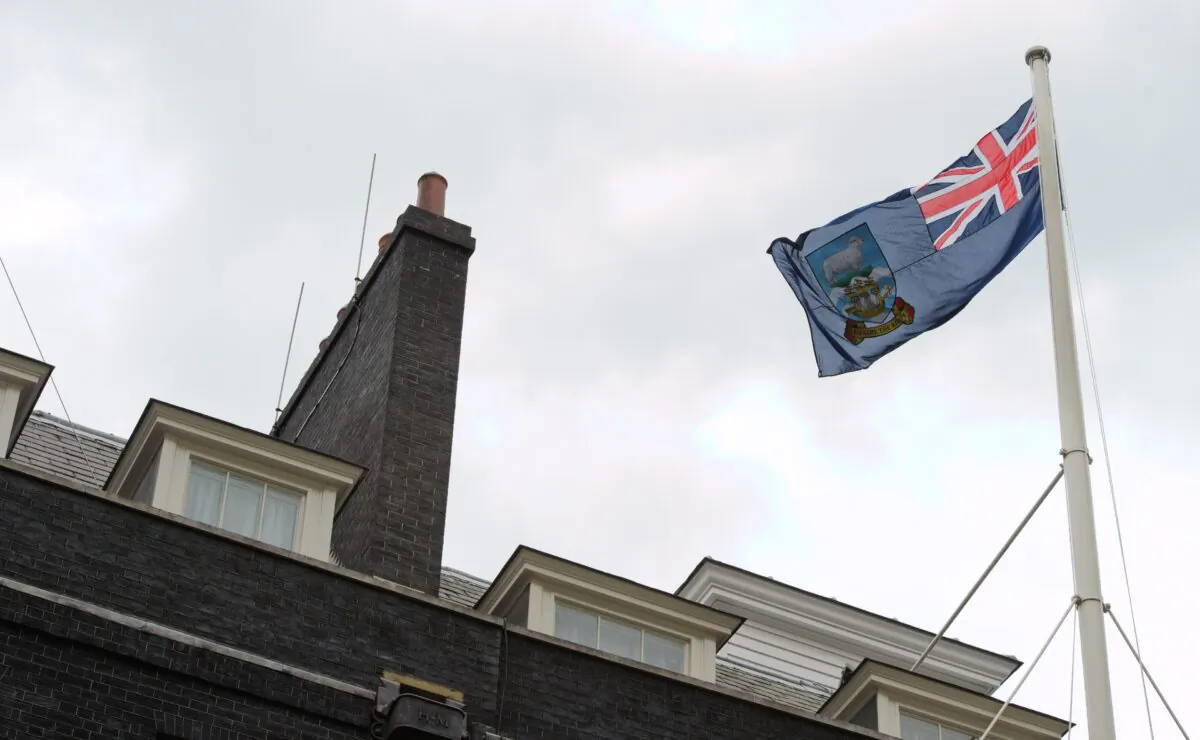 The flag of the Falkland Islands flies over Number 10 Downing Street in central London, on June 14, 2012. (Leon Neal/AFP/GettyImages)