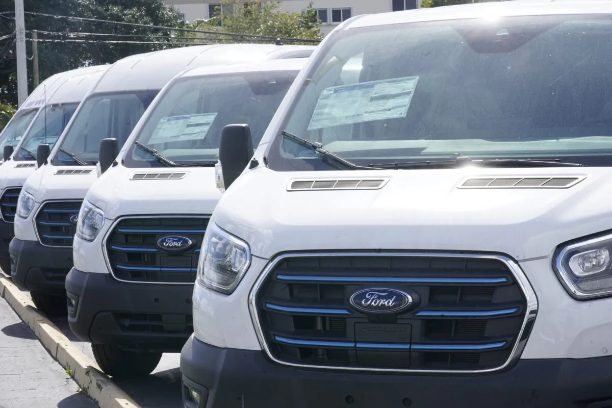 Ford E-Transit electric vans are displayed at a Gus Machado Ford dealership in Hialeah, Fla., on Jan. 23, 2023. (Marta Lavandier/AP Photo)