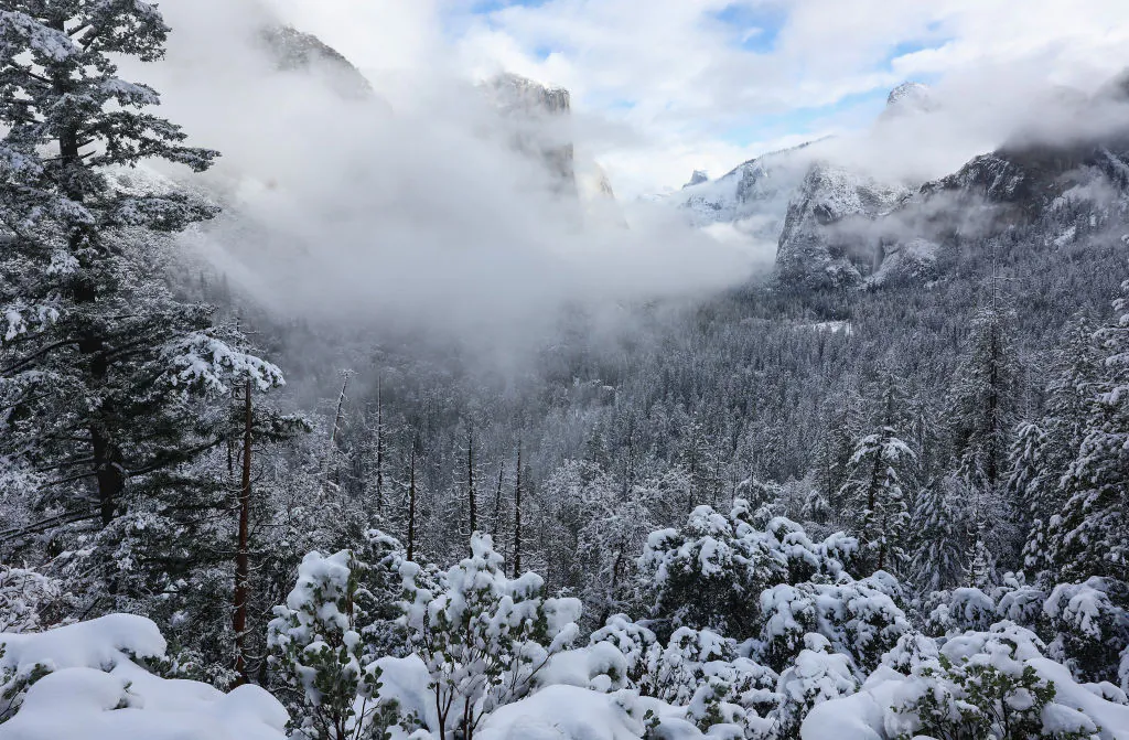 Recent snowfall rests on trees in Yosemite Valley as clouds begin to clear from the last of a series of atmospheric river storms to hit California in Yosemite National Park on Jan. 19, 2023. (Mario Tama/Getty Images)