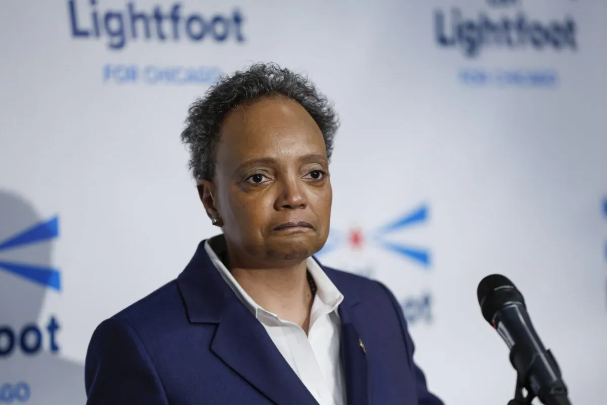 Chicago Mayor Lori Lightfoot speaks at an election night rally at Mid-America Carpenters Regional Council in Chicago on Feb. 28, 2023. (Kamil Krzaczynski/Getty Images)