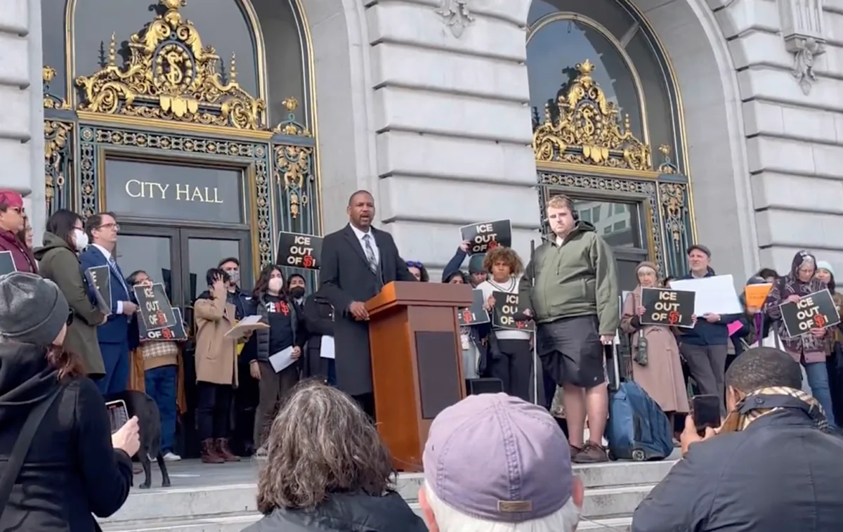 San Francisco County Supervisor Shamann Walton speaks at a rally at city hall in San Francisco on Feb. 28. (Video screenshot courtesy of JJ Smith)