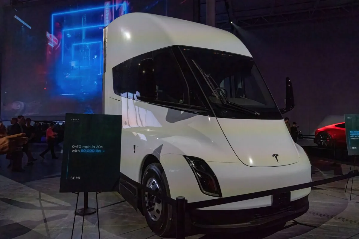 The Tesla Semi is on display at the Tesla Giga Texas manufacturing facility during the "Cyber Rodeo" grand opening party in Austin, Texas, on April 7, 2022. (Suzanne Cordeiro/AFP via Getty Images)