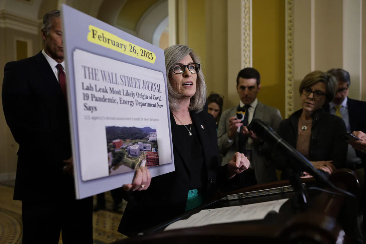 Sen. Joni Ernst (R-Iowa) talks to reporters following the weekly Senate Republican policy luncheon at the U.S. Capitol in Washington on Feb. 28, 2023. (Chip Somodevilla/Getty Images)