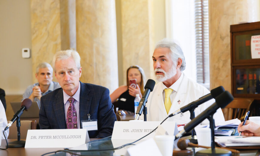 Dr. Peter McCullough (L) and Dr. John Witcher speak in the Mississippi state Capitol on COVID-19 vaccine adverse events in Jackson, Miss., on Feb. 27, 2023. (Courtesy of Charlotte Stringer Photography)