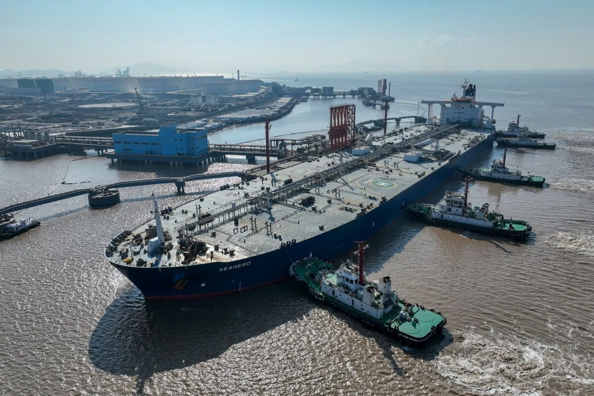 An aerial view shows a crude oil tanker at an oil terminal off Waidiao island in Zhoushan, Zhejiang Province, China, on Jan. 4, 2023. (China Daily via Reuters)