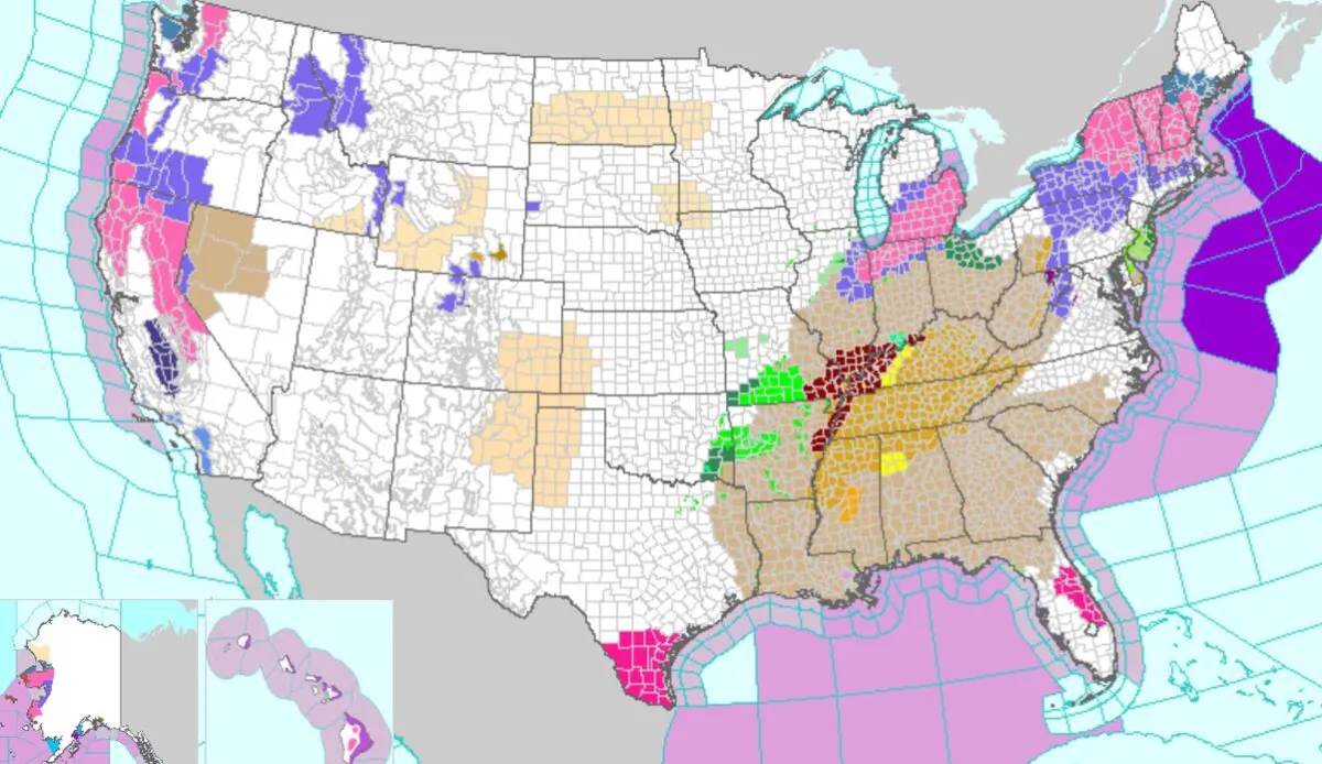 As of Friday morning, an National Weather Service map shows wind advisories, high wind watches, and tornado watches were in effect for most of the southeastern U.S., Midwest, and some Mid-Atlantic states. The brown and light brown sections are areas where wind advisories have been issued. (Weather.gov.)