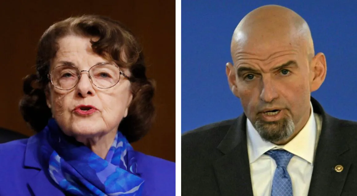 Sen. Dianne Feinstein (D-Calif.) is seen speaking on Capitol Hill in Washington on May 5, 2020, and Sen. John Fetterman (D-Pa.)is seen at Belmont Water Treatment Center in Philadelphia on Feb. 3, 2023. (Andrew Harnik/ AP Photo; Andrew Caballero-Reynolds/AFP via Getty Images)