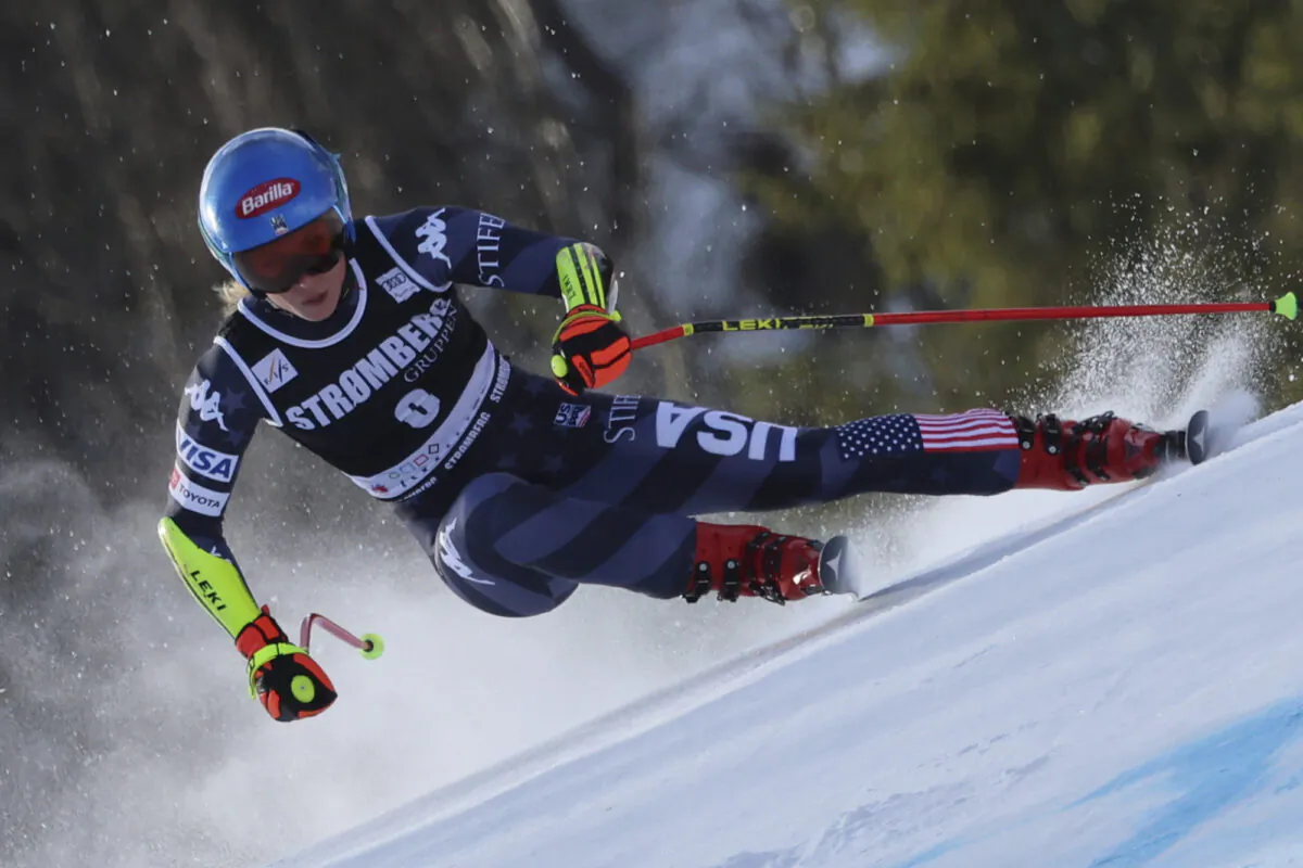 United States' Mikaela Shiffrin speeds down the course during an alpine ski, women's World Cup Super G race in Kvitfjell, Norway, on March 3, 2023. (Marco Trovati/AP Photo)