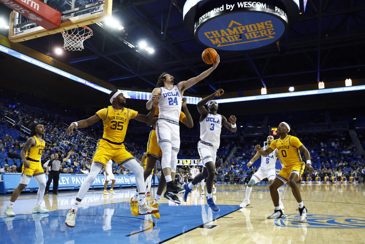 Jaime Jaquez Jr. (24) of the UCLA Bruins makes a rebound against the Arizona State Sun Devils in the first half at UCLA Pauley Pavilion in Los Angeles on Mar. 2, 2023, California. (Ronald Martinez/Getty Images)