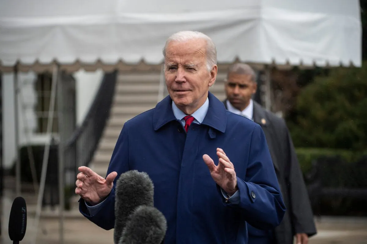 President Joe Biden briefly addresses journalists moments before departing from the South Lawn of the White House on Mar. 3, 2023. (Roberto Schmidt/AFP via Getty Images)