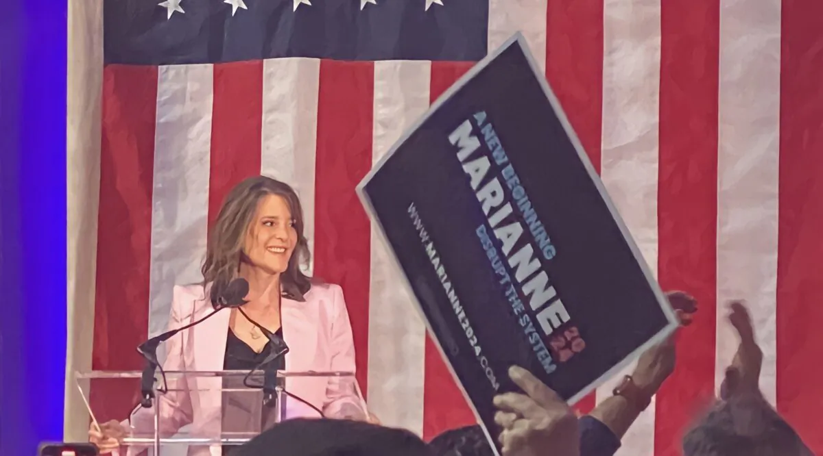 Marianne Williamson announces her 2024 presidential campaign in front of a crowd at Union Station in Washington, D.C., on March 3, 2023. (Joseph Lord/The Epoch Times)
