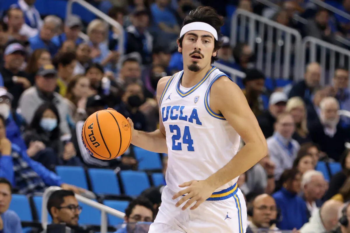 Jaime Jaquez Jr. (24) of the UCLA Bruins controls the ball during a game against the Sacramento State Hornets at UCLA Pauley Pavilion in Los Angeles on Nov. 7, 2022. (Katharine Lotze/Getty Images)