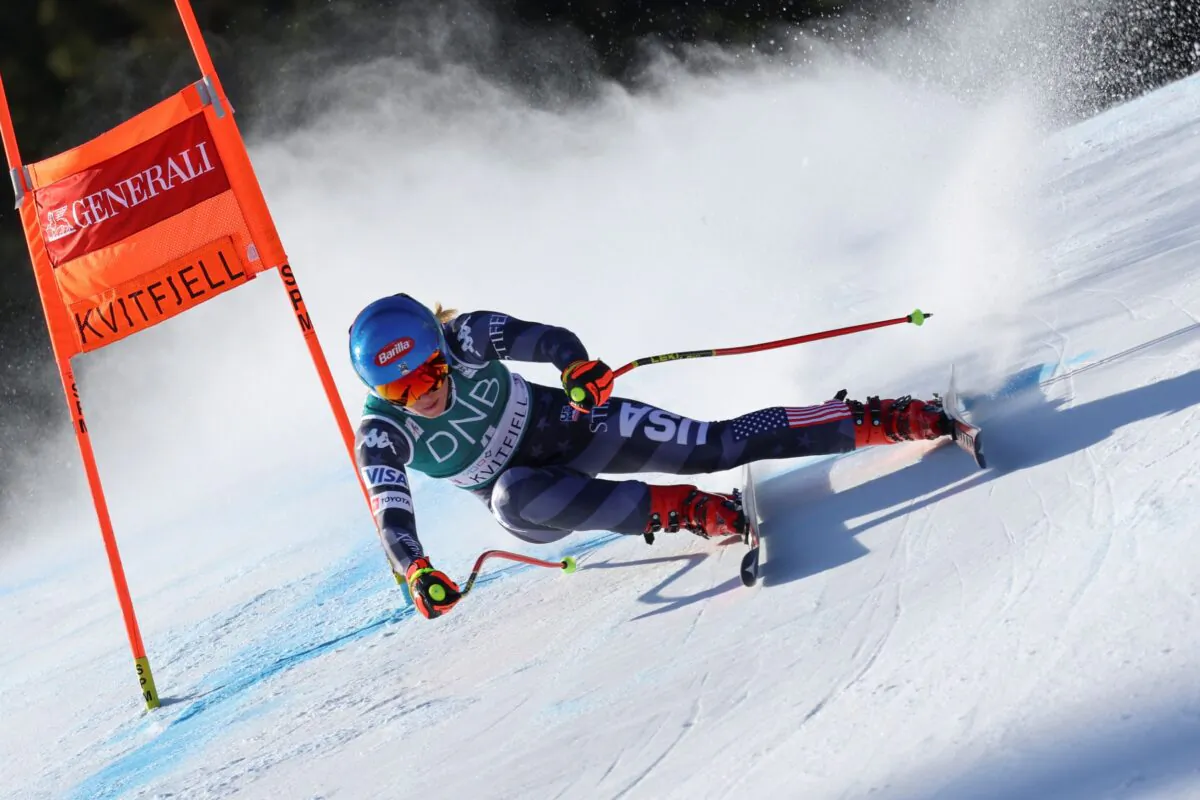 United States' Mikaela Shiffrin speeds down the course during an alpine ski, World Cup women's downhill race, in Kvitfjell, Norway, on March 4, 2023. (Marco Trovati/AP Photo)