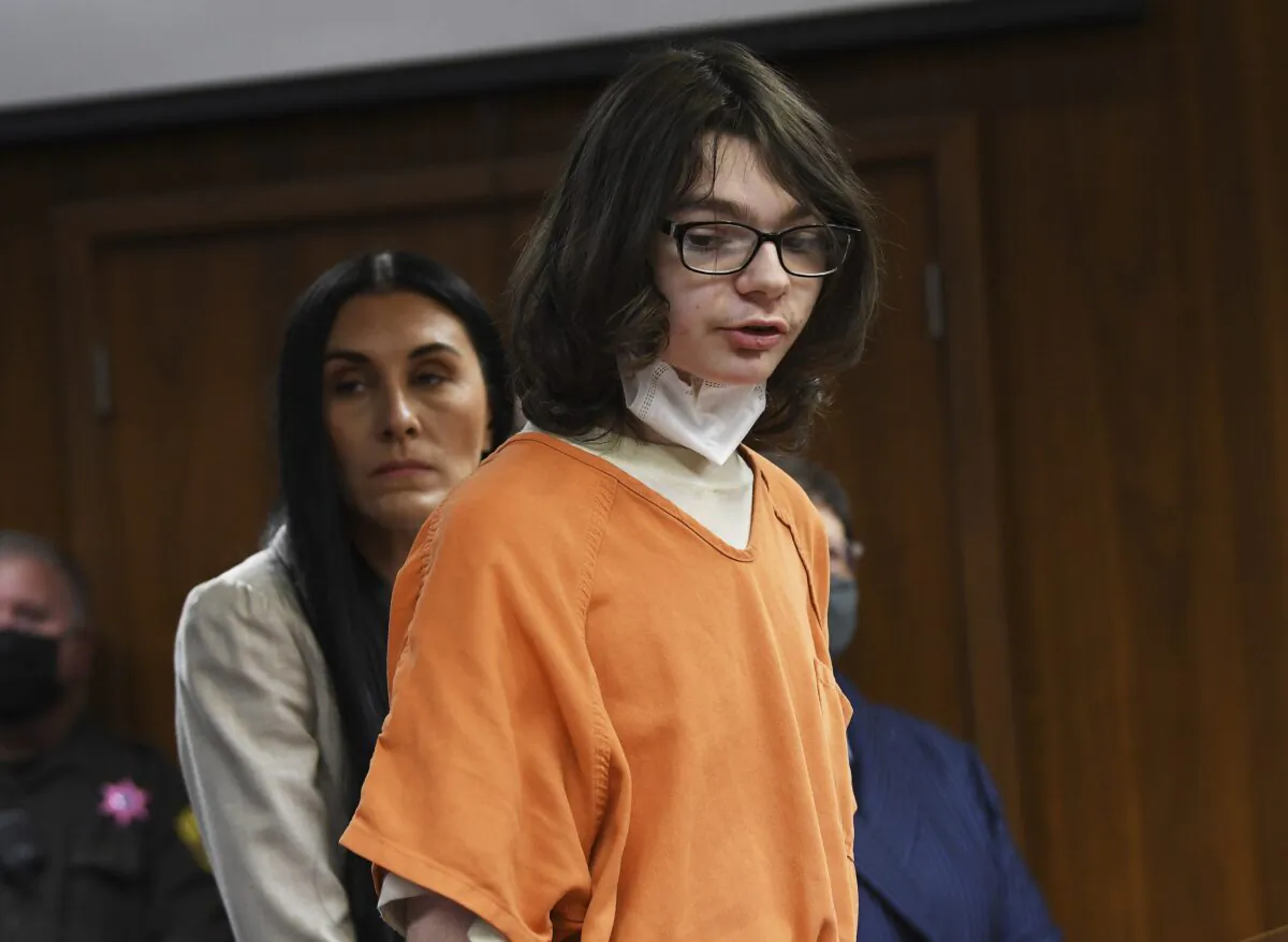 Ethan Crumbley answers "yes" to charges against him from assistant prosecutor during his pre-trial hearing at Oakland County Courthouse, in Pontiac, Mich., on Oct. 24, 2022. (Clarence Tabb Jr./Detroit News via AP)