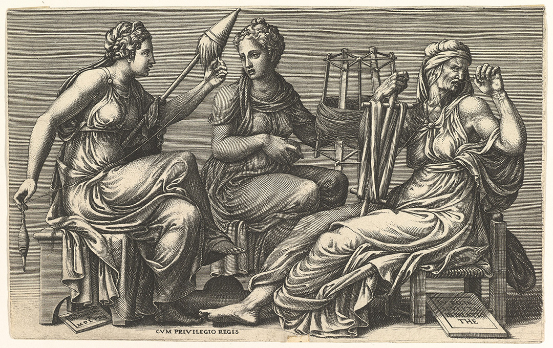 “The Three Fates Clotho, Lachesis, and Atropos,” 1558–59, by Giorgio Ghisi, after Giulio Romano. Print, Metropolitan Museum of Art, New York. (Public Domain)
