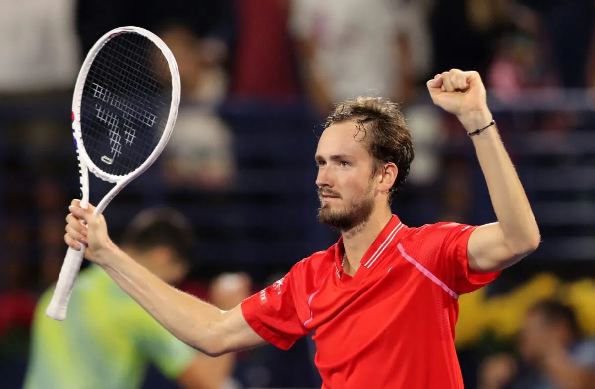 Russia's Daniil Medvedev celebrates winning his semi-final match against Serbia's Novak Djokovic during their ATP Dubai Duty Free Tennis Championship semi-final match in Dubai, UAE, on March 3, 2023. (Amr Alfiky/Reuters)