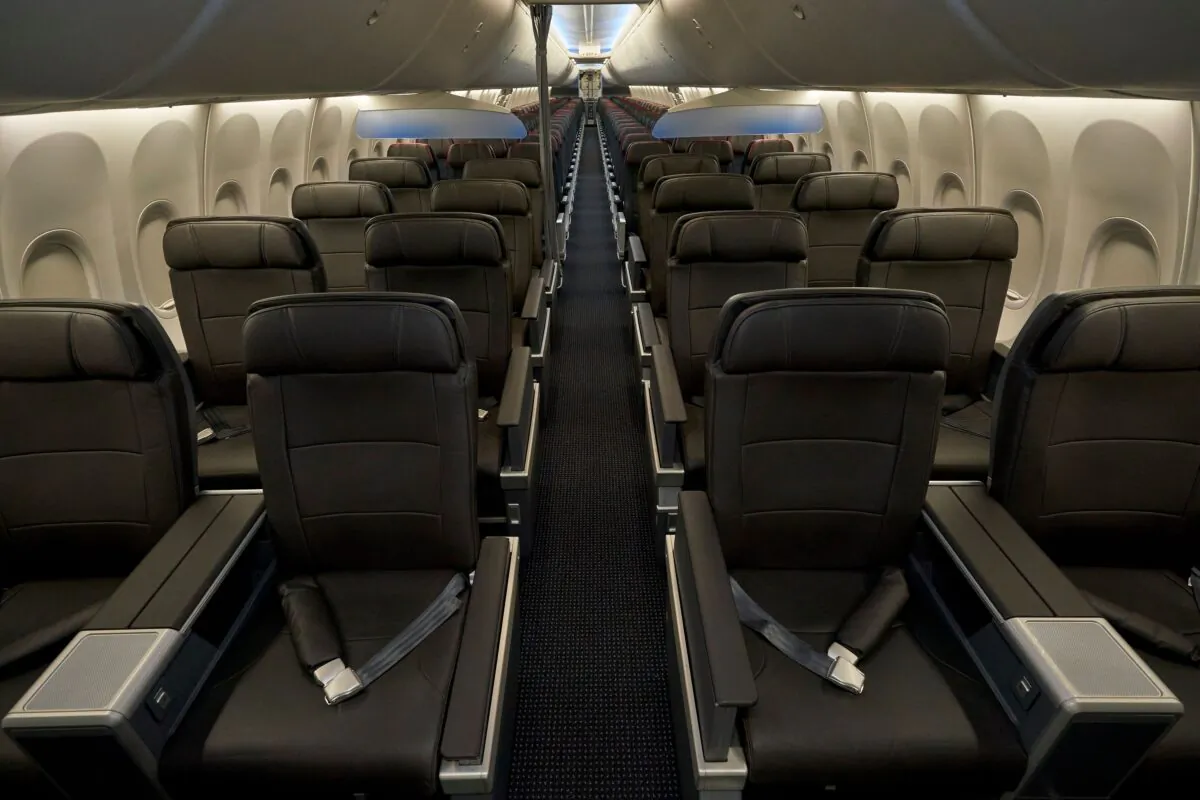 An interior view of seats in an American Airlines B737 MAX airplane is seen at Dallas-Forth Worth International Airport in Dallas on Dec. 2, 2020. (Cooper Neill/AFP via Getty Images)
