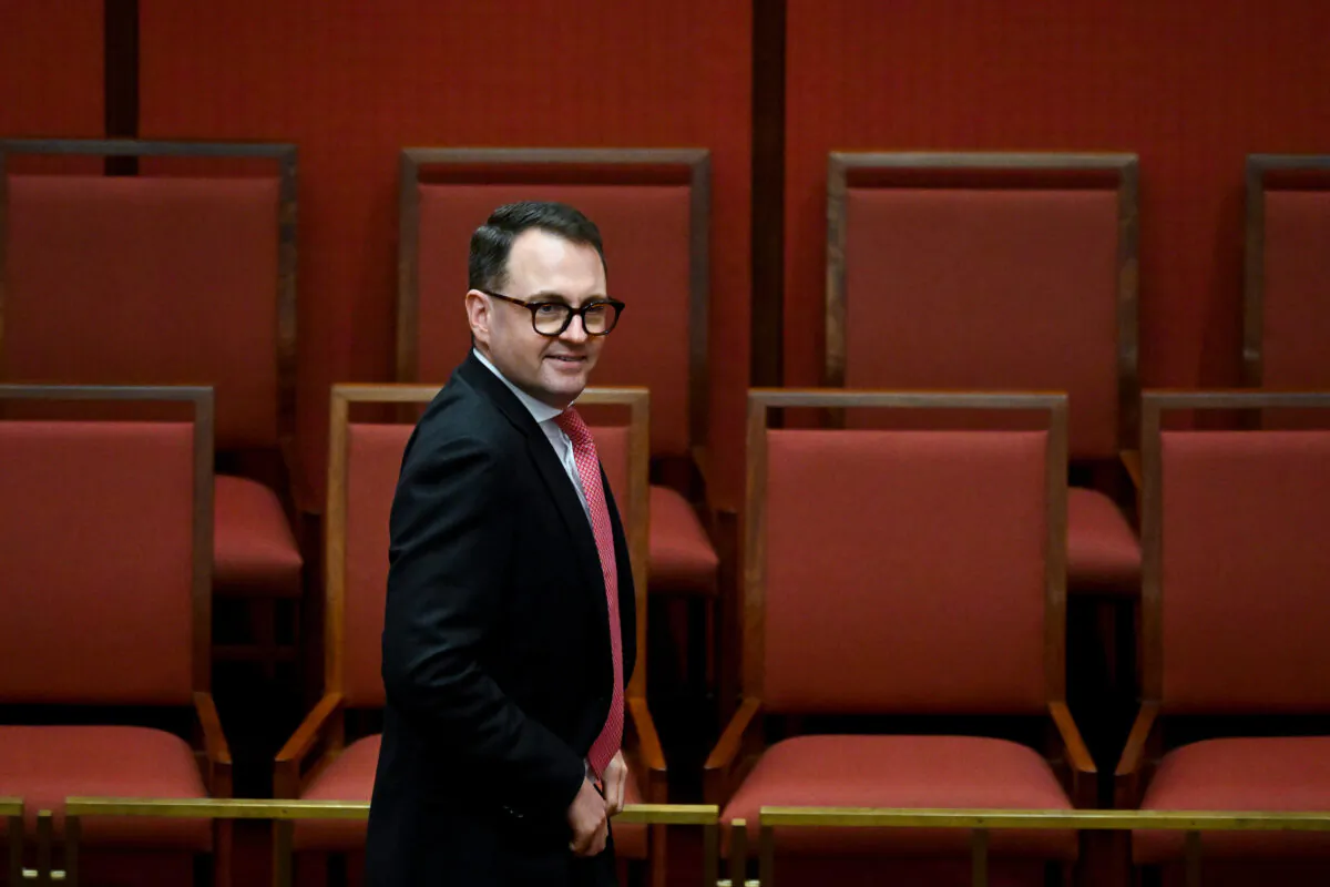 Australian Liberal Senator Andrew Bragg reacts in between divisions in the Senate chamber at Parliament House in Canberra, Australia, on Feb. 9, 2023. (AAP Image/Lukas Coch)